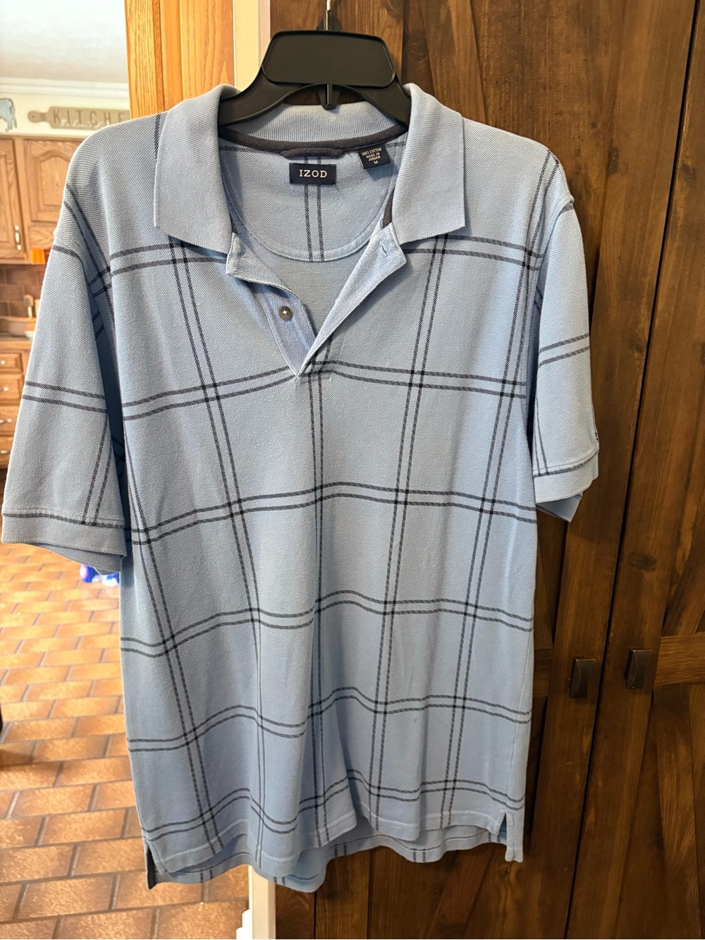 IZOD Light Blue Polo with Black Windowpane Plaid